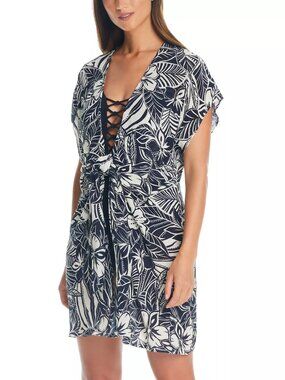 85$ Bleu by Rod Beattie Ciao Bella Printed Cover-Up Dress Size M Black White